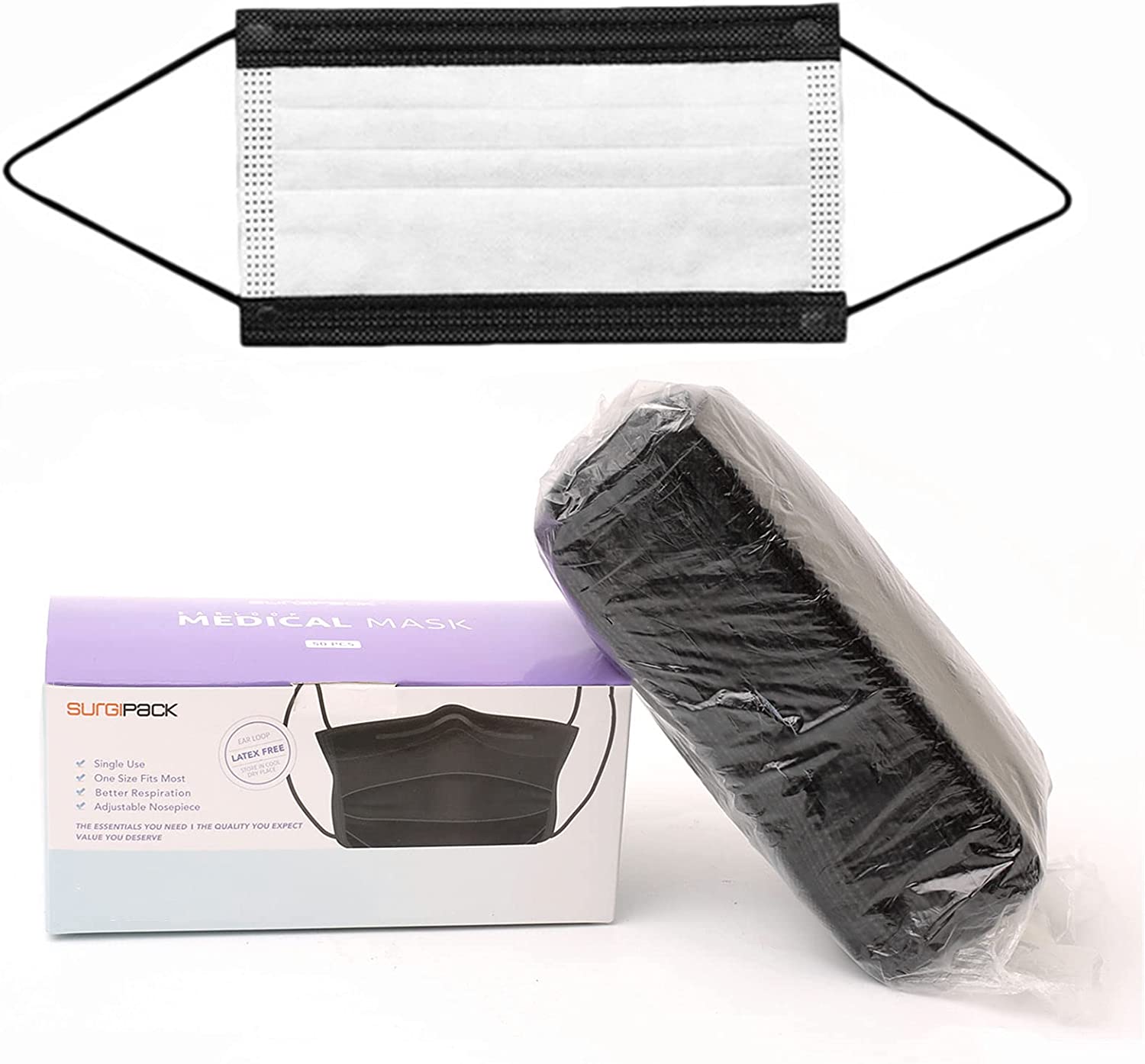 MFCRERO Surgipack Healthy Supplies Black Disposable Protective Mask, Earloops & Adjustable Safety Masks, Non-woven Face Masks for Daily Use, Pack of 50