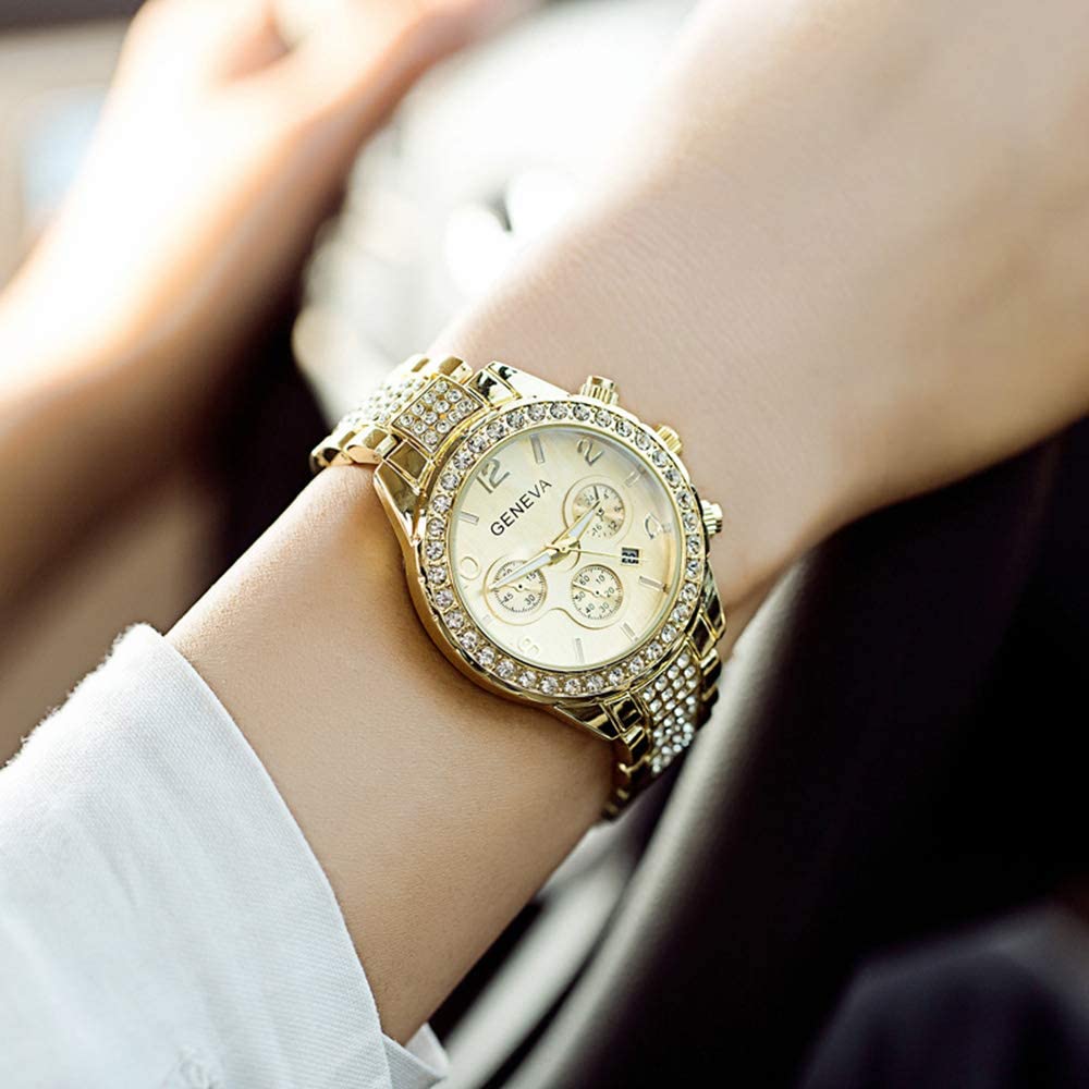 Gosasa Luxury Unisex Crystal Diamond Watches Quartz Digital Calendar Rose Gold Silver Stainless Steel Watch