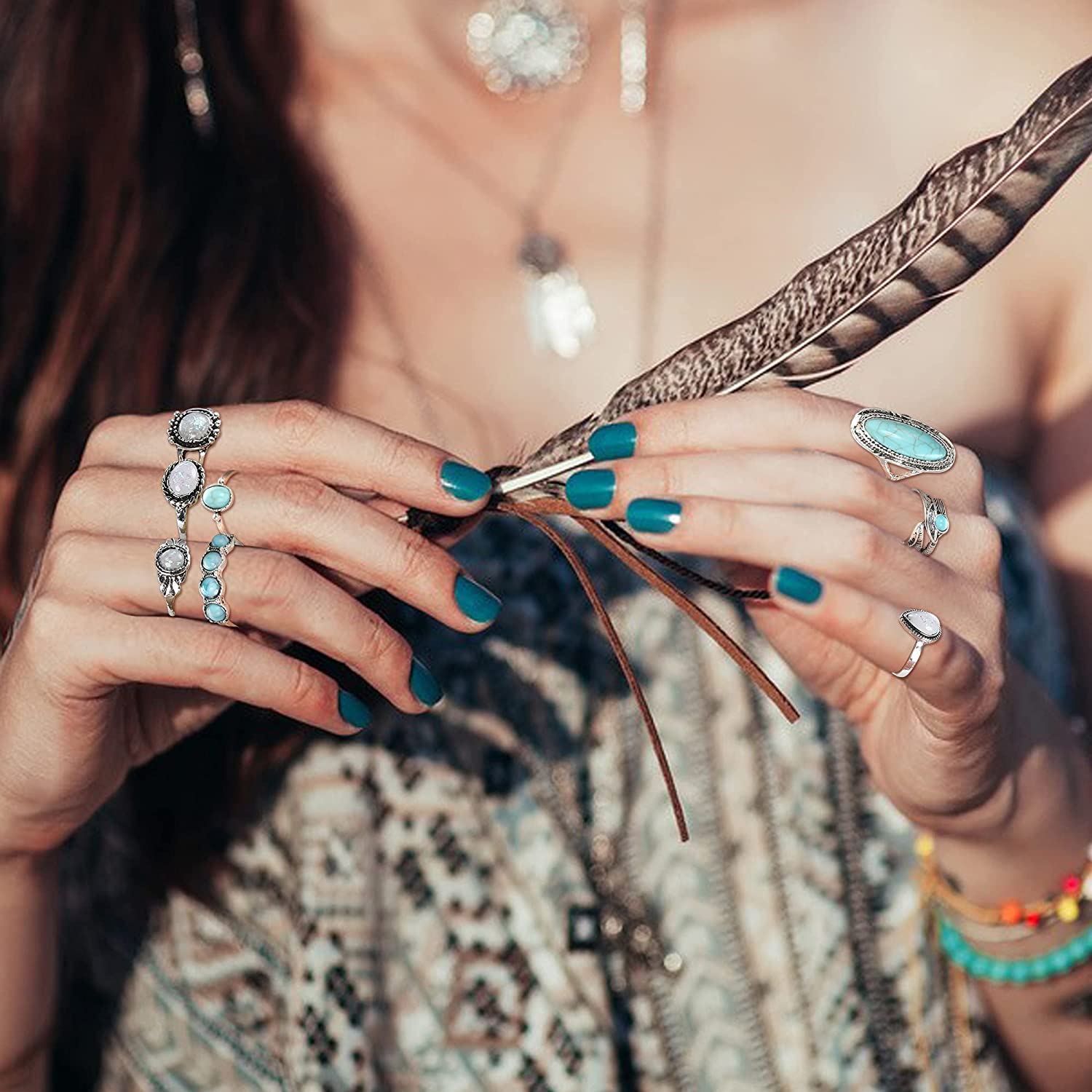 Florideco Bohemian Turquoise Jewelry Set Turquoise Pendant Necklace Turquoise Faux Leather Cuff Bracelet Turquoise Dangle Earrings Vintage Turquoise Knuckle Rings for