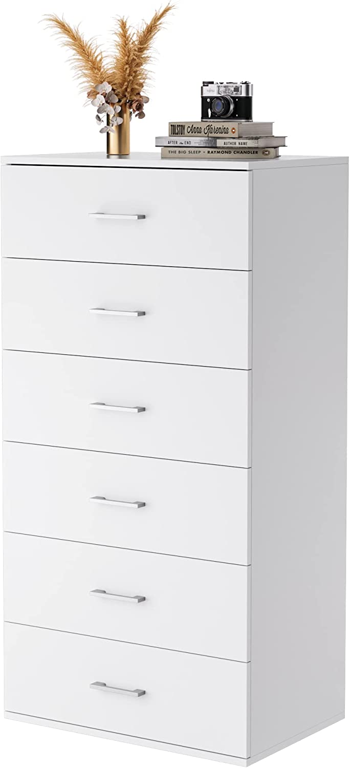 FOTOSOK 6 Drawer Dresser with Mental Handles， 23.6L x 15.7W x 46.9H Inches Chest of Drawers with 6-Layer Modern Floor Storage Cabinet， Tall Nightstand for Bedroom， Living Room， White