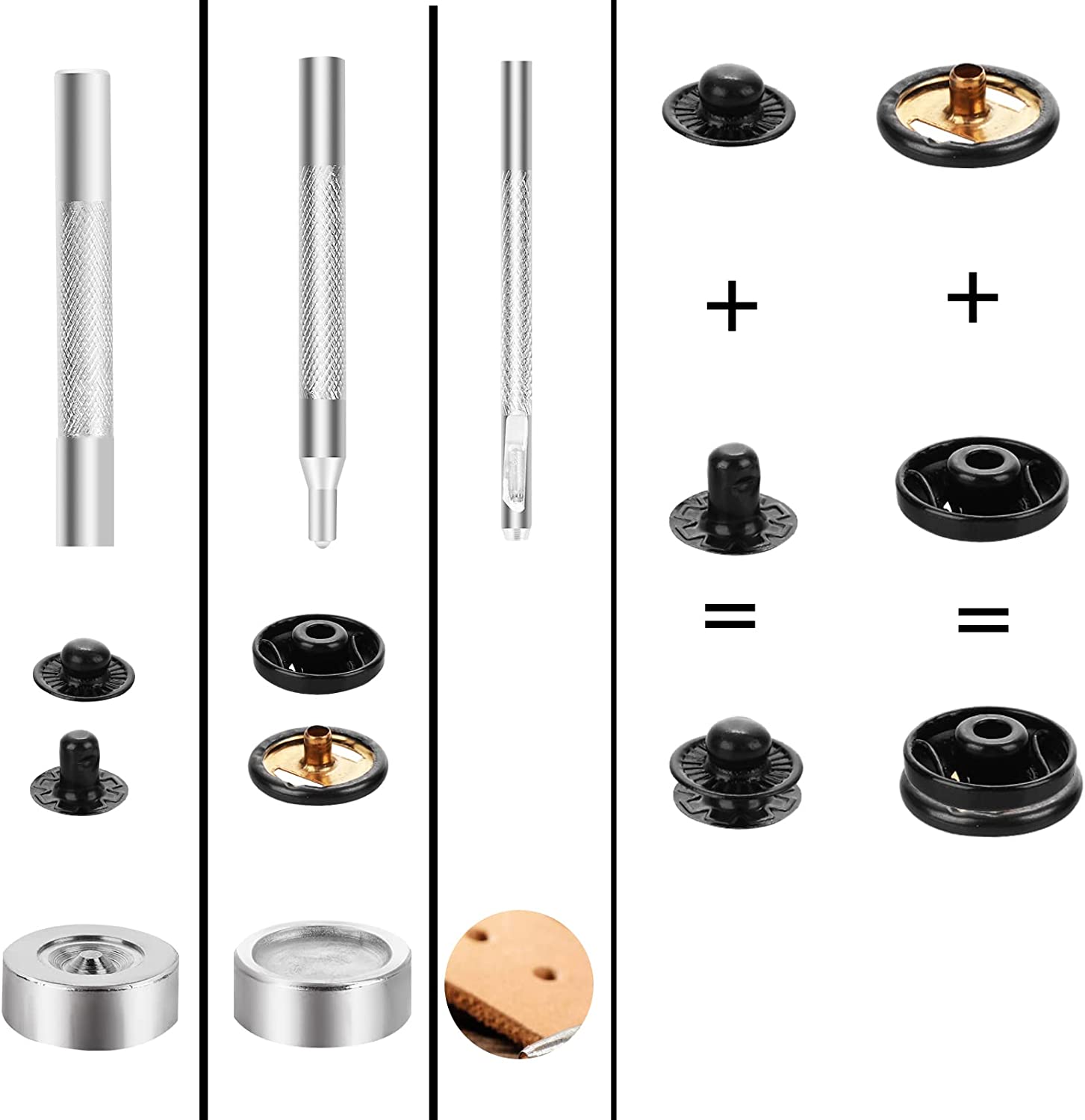12 Sets Leather Snap Fasteners Kit, Heavy Duty Metal Snap Buttons Kit Press Leather Rivets Studs Rivets with 4 Install Tools for Sewing Clothing, Jeans, Jackets, Bracelets, Bags, Belt, DIY (15mm)