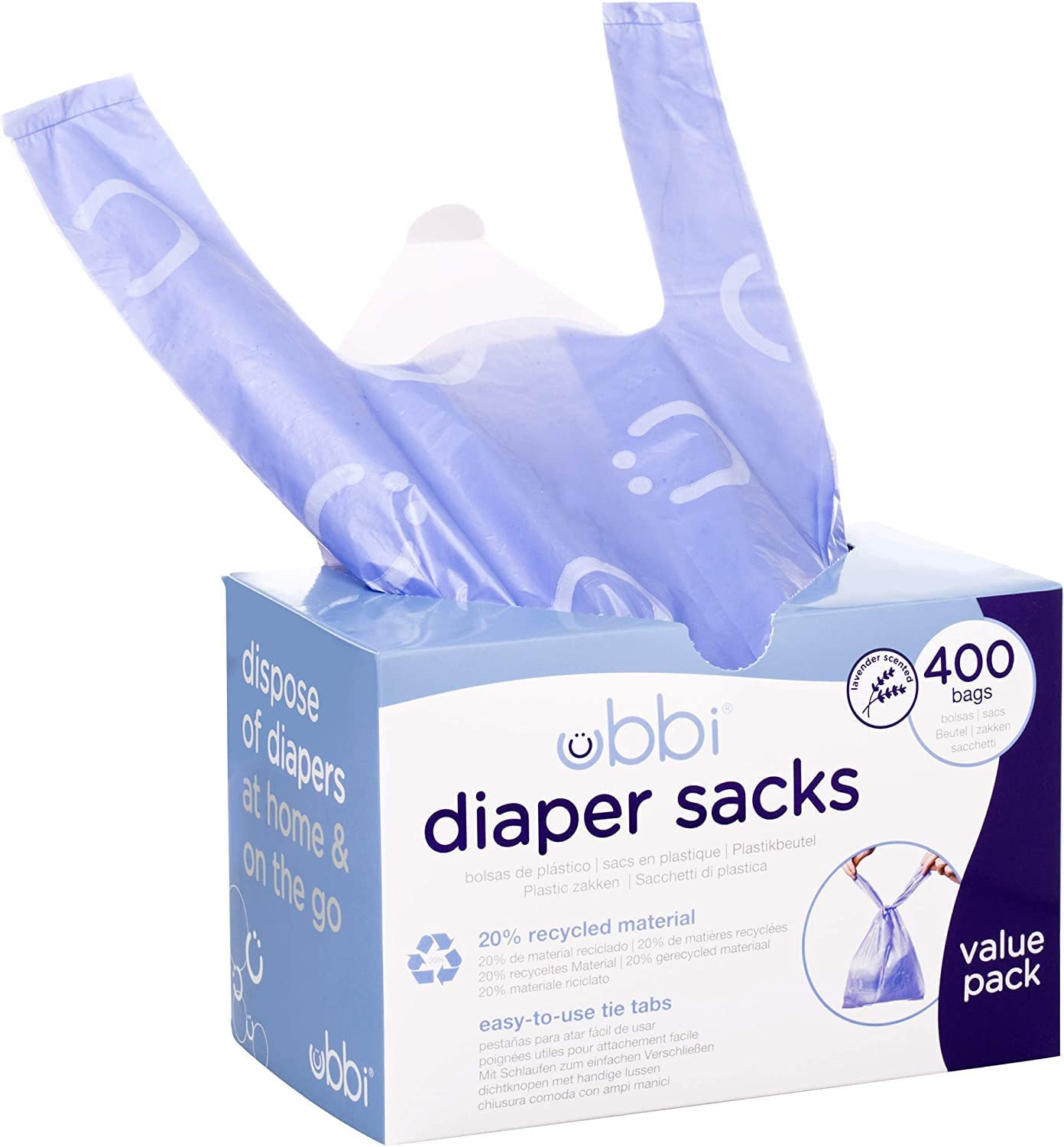 Ubbi Disposable Diaper Sacks, Lavender Scented, Easy-To-Tie Tabs, Diaper Disposal or Pet Waste Bags, 200 Count