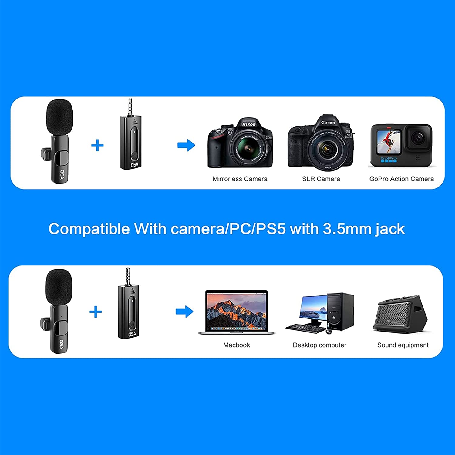 OSA Wireless Lavalier Microphone, Camera Microphone for iPhone, Android Phone, Camera, Clip-on Plug & Play Auto-sync and Noise Reduction for Video Recording, Interview