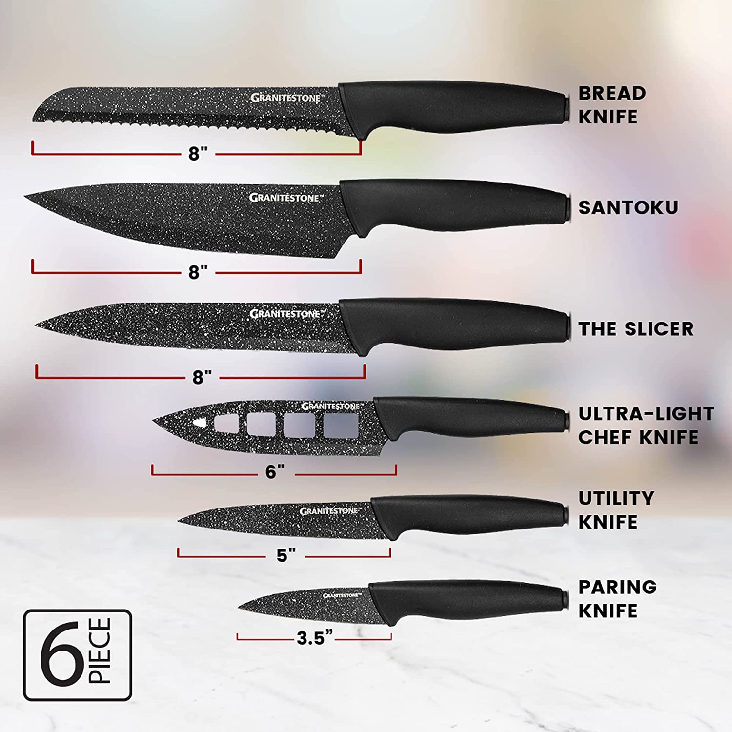 Granitestone Nutriblade 6 PC Knife Set, Professional Kitchen Chef’s Knives with Ultra Sharp Stainless Steel Blades and Nonstick Granite Coating, Easy-Grip Handle, Rust-proof, Dishwasher-safe, Black