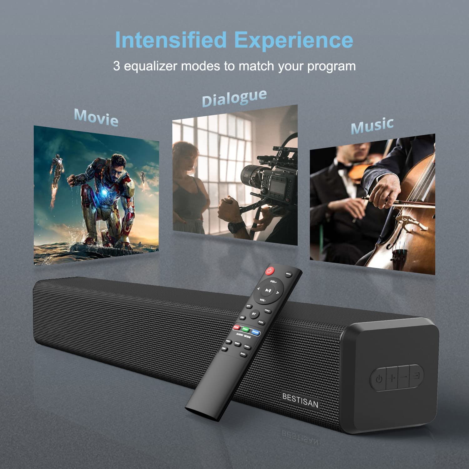 BESTISAN ， 100 Watt HDMI Sound Bars for TV with Built in Subwoofer Home Theater System (32 inch， Sub Out Port， Bluetooth 5.0， 3 Audio Modes， Bass Adjustable， Wall Mountable， Upgraded)
