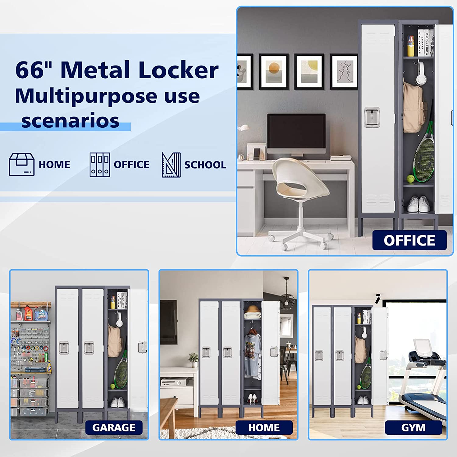 Letaya Metal Locker 2 Lockable Door，71" Tall Steel Storage Cabinet for School Office Gym Home Employees Staff Children Room(2 Door -Gray)