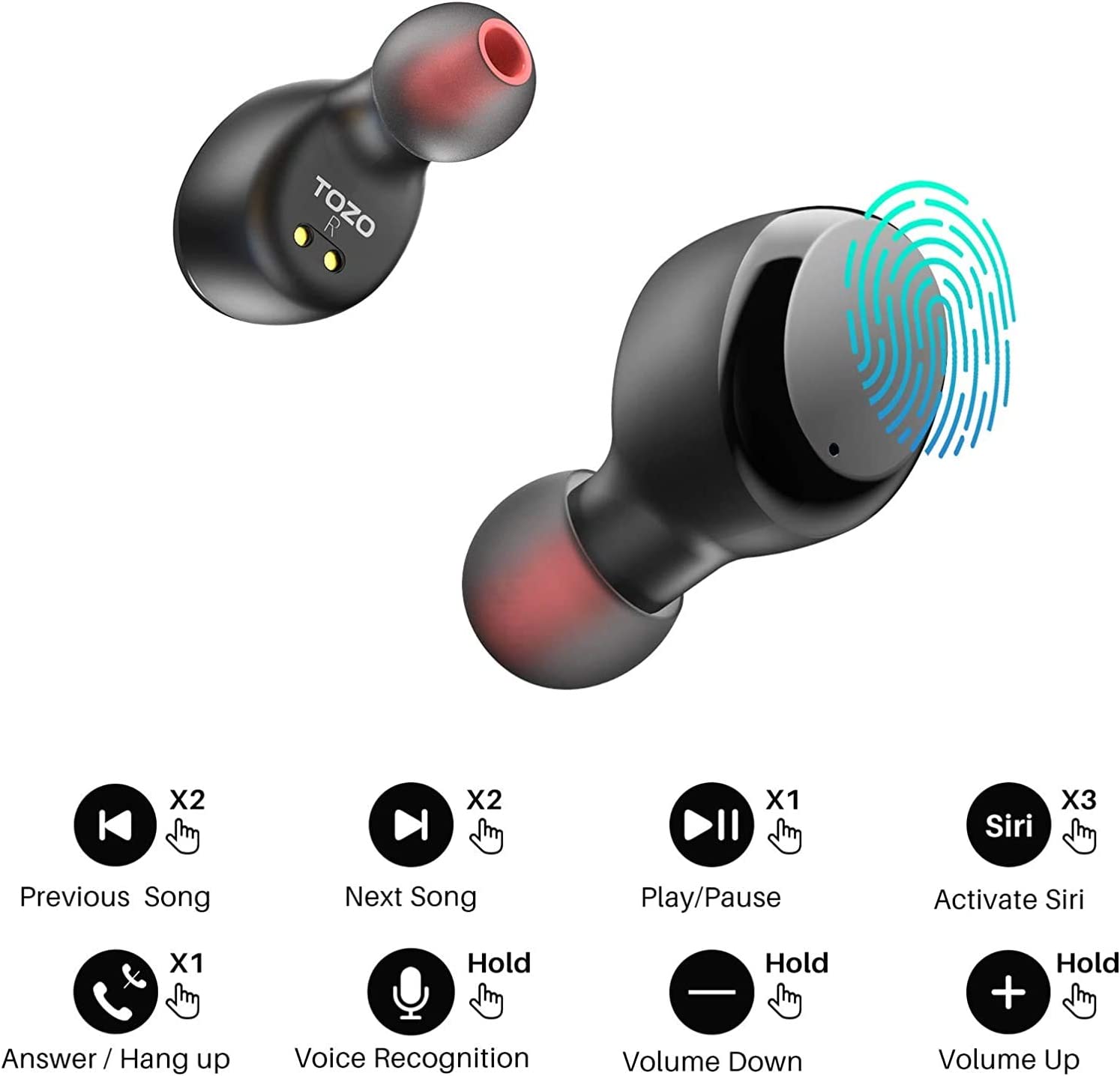 TOZO T6 True Wireless Earbuds Bluetooth 5.3 Headphones Touch Control with Wireless Charging Case IPX8 Waterproof Stereo Earphones in-Ear Built-in Mic Headset Premium Deep Bass Black ( Upgraded)