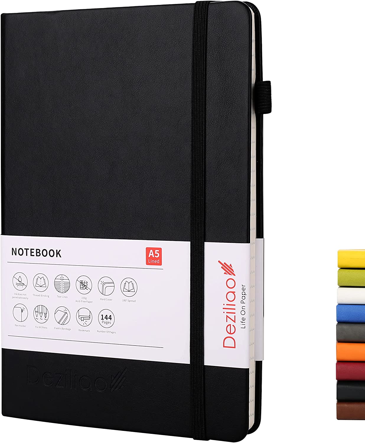 Deziliao Lined Journal Notebooks with Pen Loop, Hardcover Notebook Journal for Work, 100Gsm Premium Thick Paper with Inner Pocket, Medium 5.7"x8.4", （Black, Ruled）