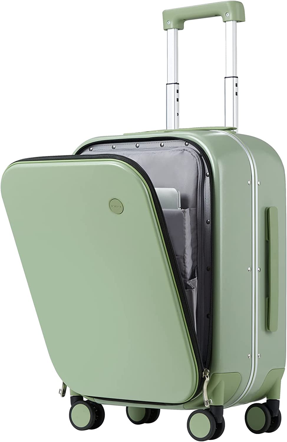 Carry On Luggage, 20'' Suitcase with Front Laptop Pocket, Travel Rolling Luggage Aluminum Frame PC Hardside with Spinner Wheels & TSA Lock and Cover - Avocado Green