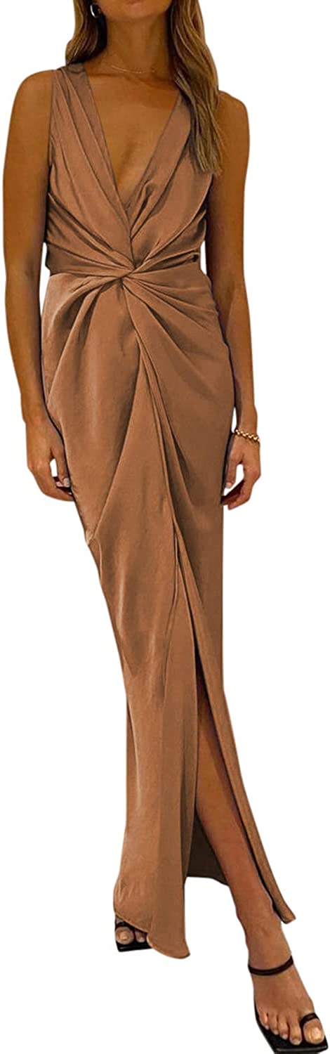 PRETTYGARDEN Women's Satin Ruched Bodycon Dress Summer 2026 Twist Front V Neck Sleeveless Split Maxi Dresses