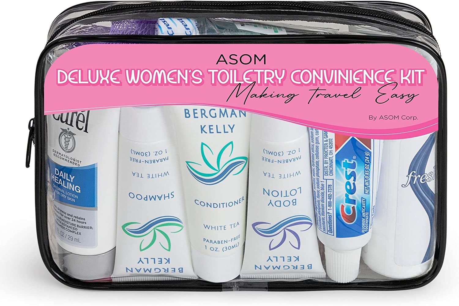 Asom Travel Toiletries Women Convenience Kit, Personal Care Toiletry Accessory Wellness Hygiene Essentials Set, TSA Approved Clear Traveling Bag Toiletry Accessories Kits, 36 Pc.