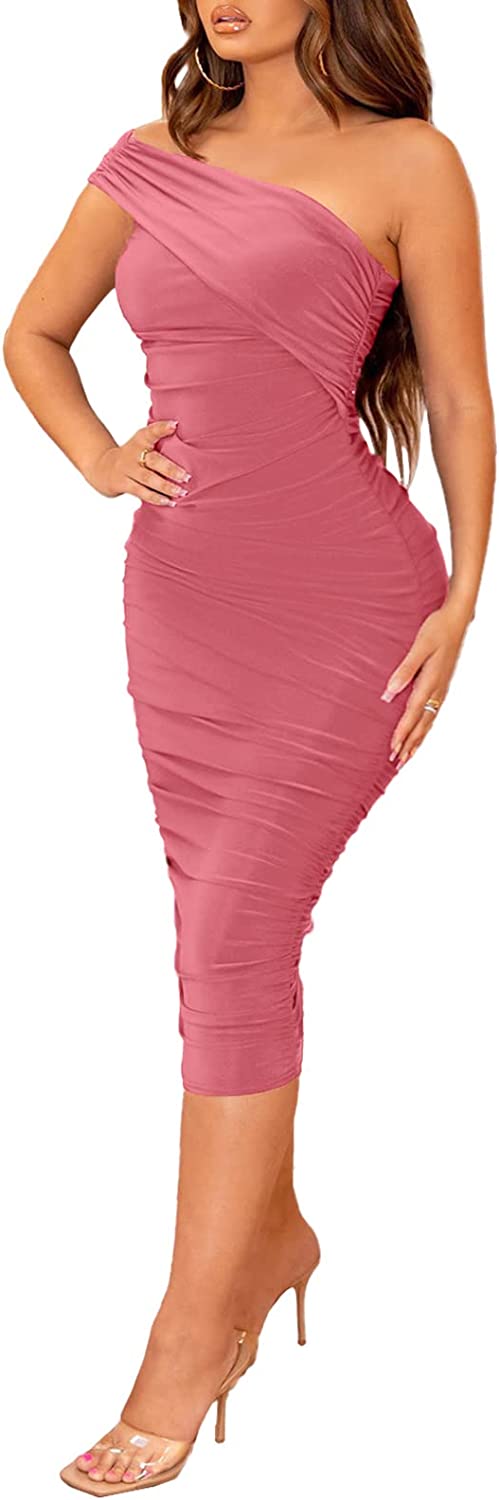 Halfword Sexy One Shoulder Midi Dress for Women Ruched Bodycon Drawstring Night Party Club Cocktail Dresses