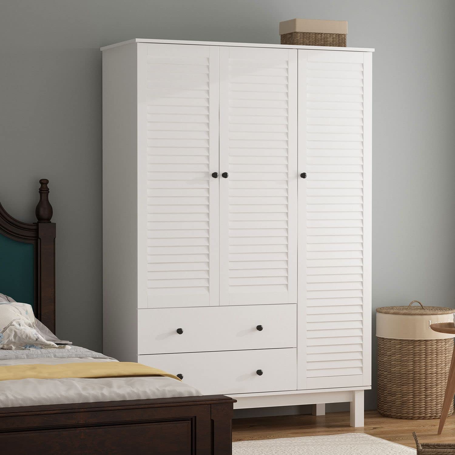 DiDuGo Bedroom Armoire with Large Storage， Armoire Wardrobe Closet with Drawers &amp; Shelves and Shutter Doors， Wooden Legs， Black Handles， for Bedroom White (48”W x 20.2”D x 71”H)