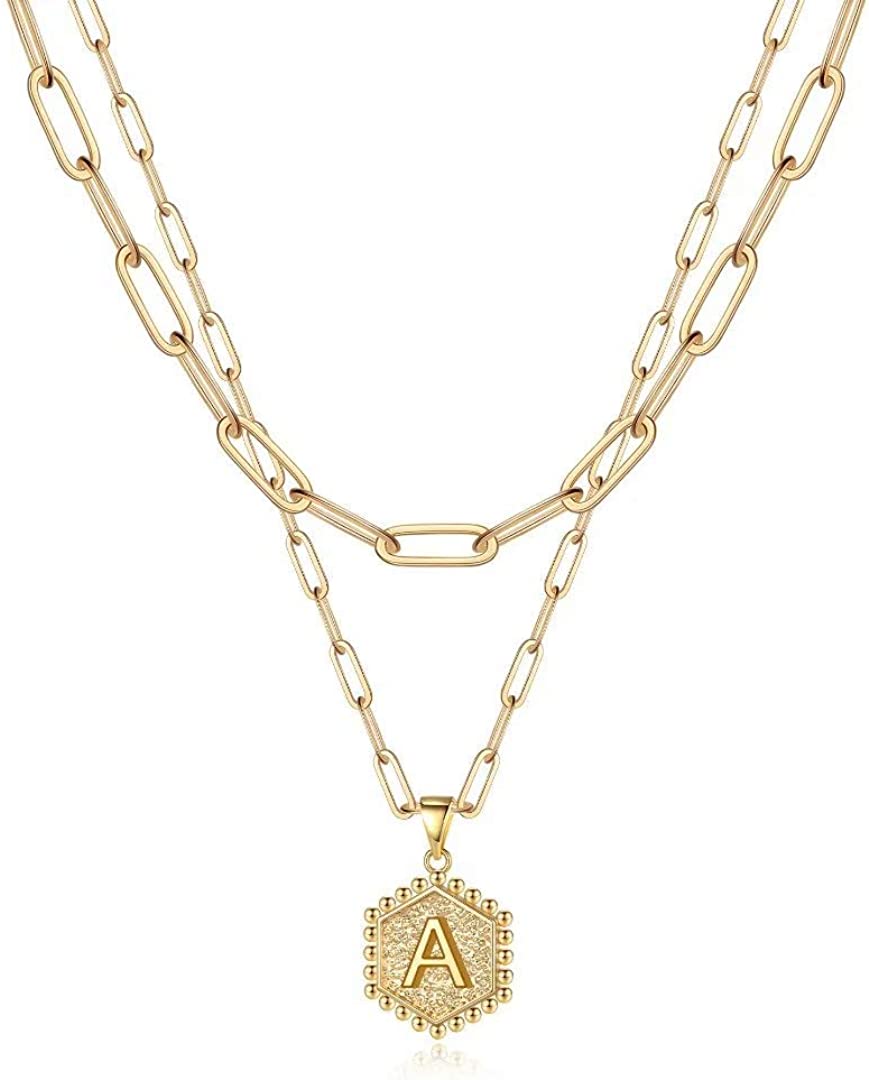 Dainty Layered Initial Necklaces for Women， 14K Gold Plated Paperclip Chain Necklace Simple Cute Hexagon Letter Pendant Initial Choker Necklace Gold Layered Necklaces for Women