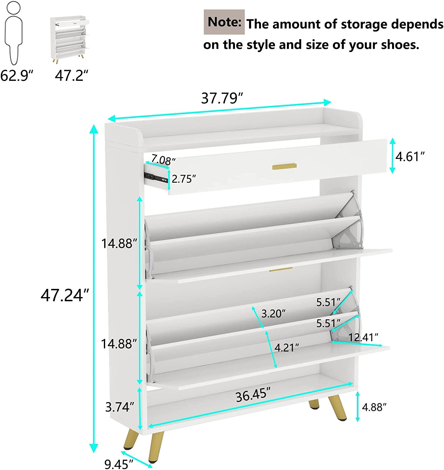PAKASEPT 5-Tier Shoe Storage Cabinet，18-24 Pair Shoe Rack Organizer with Drawers for Entryway，Bedroom，Hallway，White